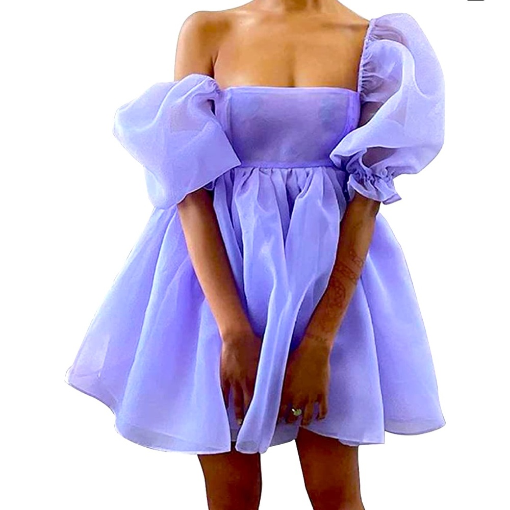 Tiered Ruffle Mini Dress with Puff Sleeves - Purple